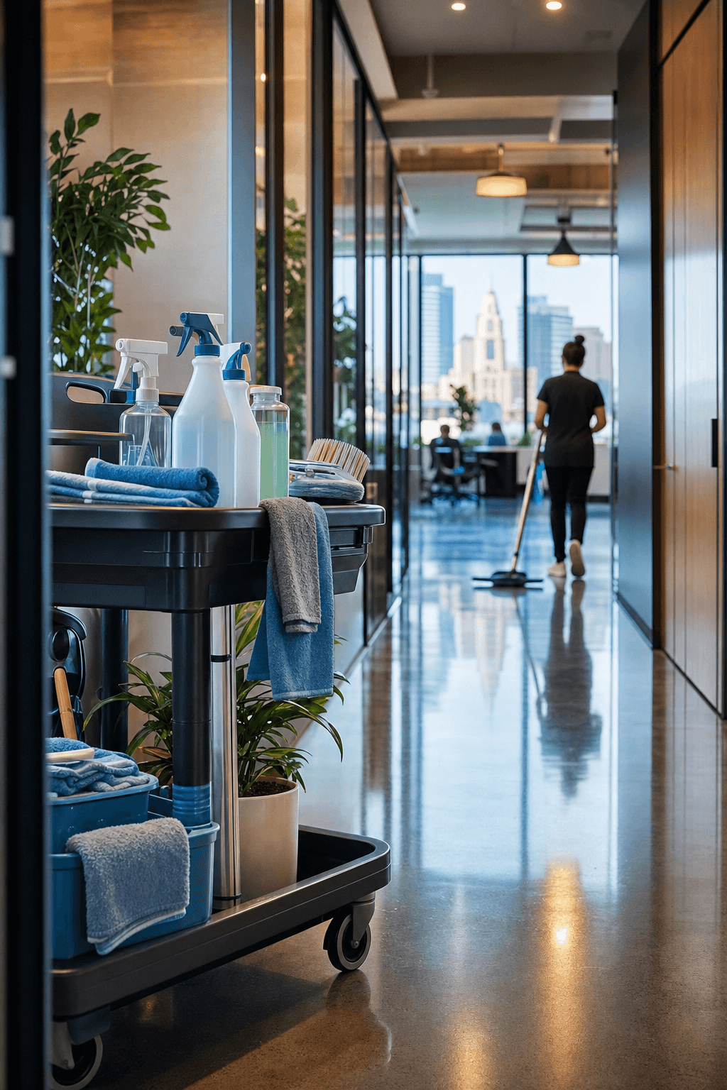 A pristine, sunlit commercial cleaning cart with neatly organized eco-friendly supplies in a modern office hallway, with glacier blue accents and polished floors reflecting light — conveying professional, refreshing cleanliness.