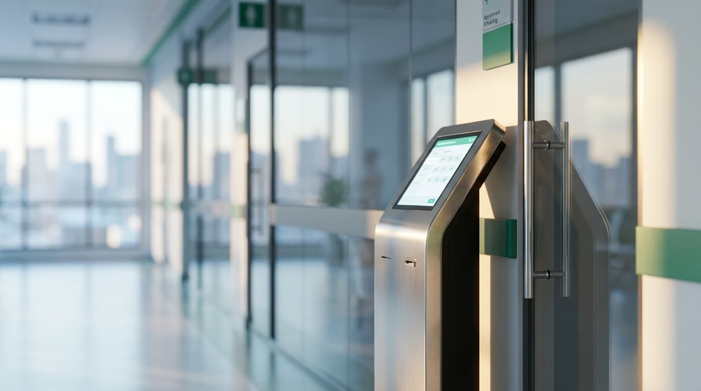 Modern clinic hallway with appointment kiosk caught in golden light, blurred windows behind, minimalist aesthetic.