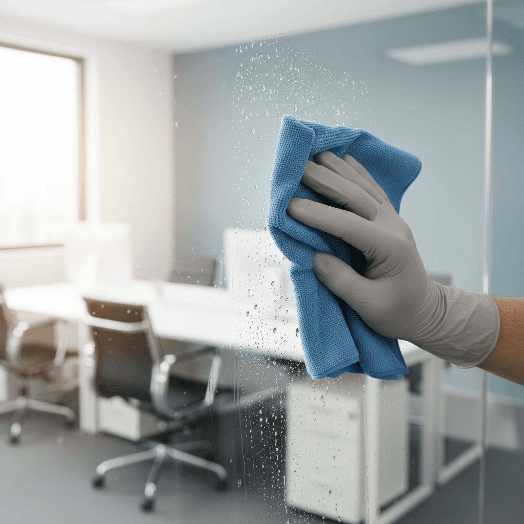 Commercial cleaner polishing glass surface with precision