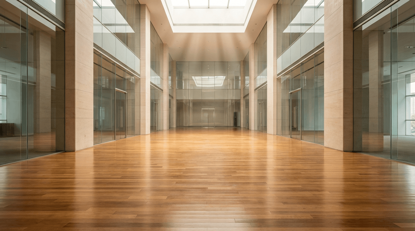 Spotless corporate office lobby with gleaming glass doors and polished floors